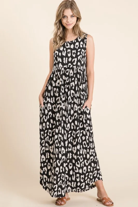 Women's maxi dress animal print -BOMBOM Leopard Maxi Dress with Pockets