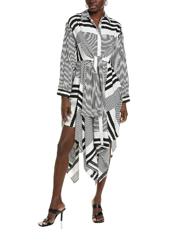 Women's shirt dress bright -Gracia Contrast Stripes Front-Tie Asymmetrical Hem Shirtdress