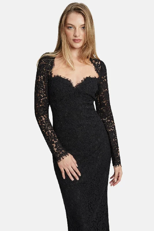 Ladies midi dress bishop sleeve -Aurora Lace Midi Dress - Black