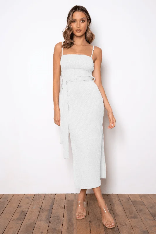 Ladies midi dress cinched -Rib Midi Dress - White