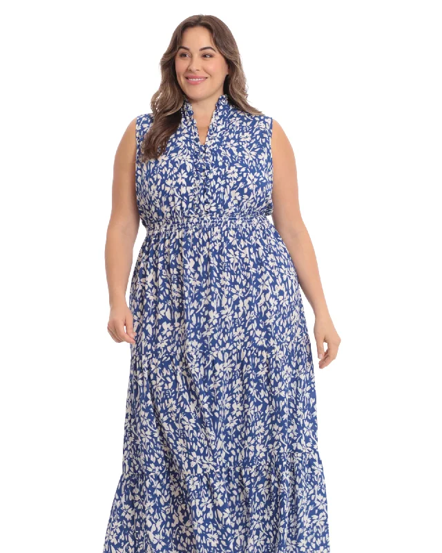 Women's maxi dress holiday -Floral ruffle neck smocked waist halter tiered maxi dress | Blue/Ivory