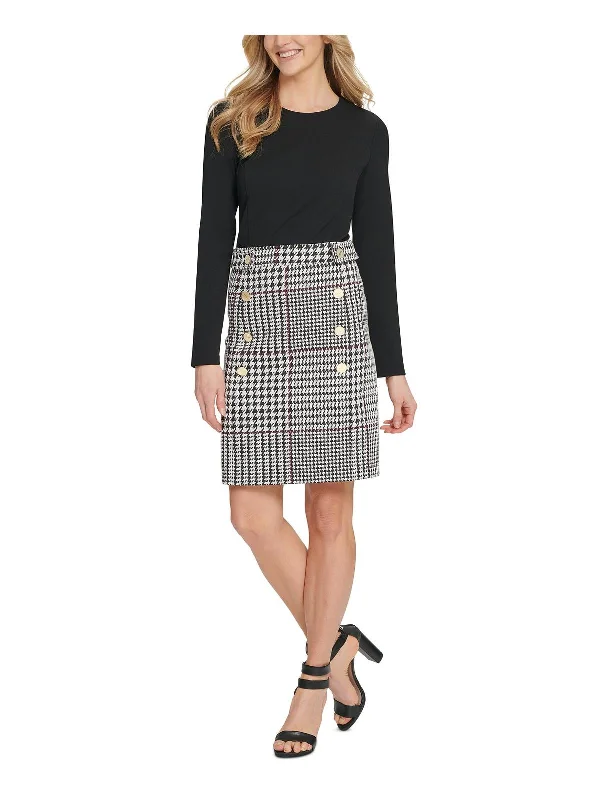 Ladies party dress V-neck -Womens Button-Trim Houndstooth Cocktail and Party Dress