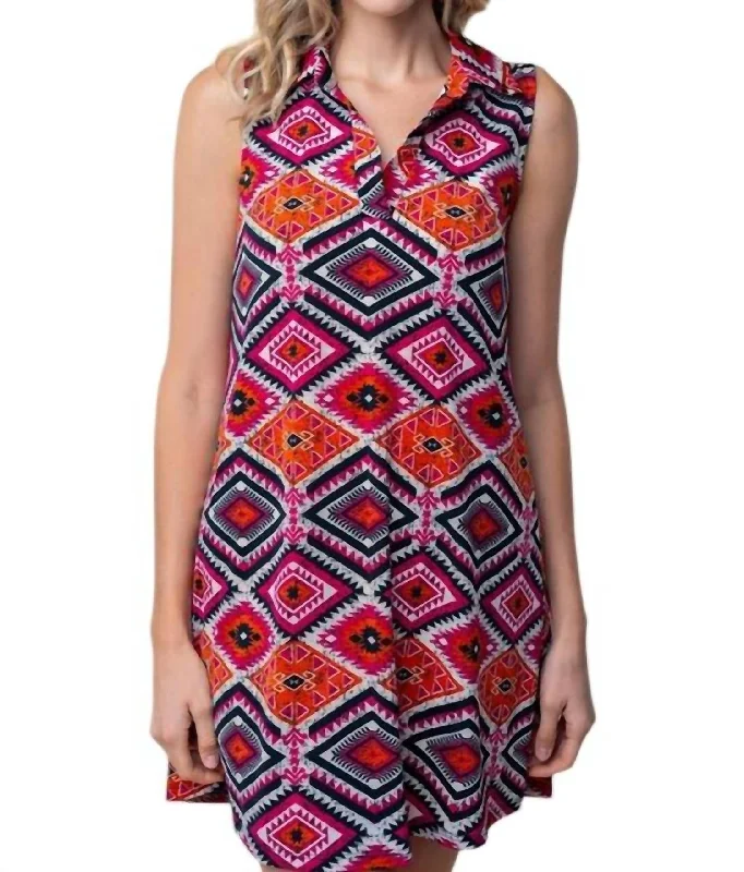 Ladies sleeveless dress coral -Sleeveless Aztec Print Knit Dress In Multi