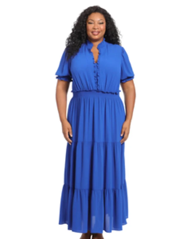 Women's maxi dress backless -Maria Puff Sleeve Tiered Maxi Dress | Azure