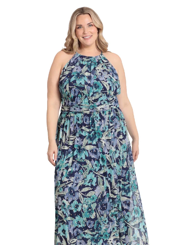 Women's maxi dress gold -Floral halter maxi dress | Navy Mint