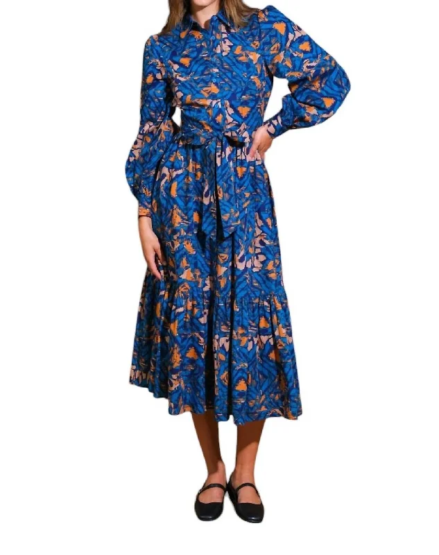 Women's shirt dress urban -Joan Ikat Print Tie Waist Shirt Dress In Blue Rust