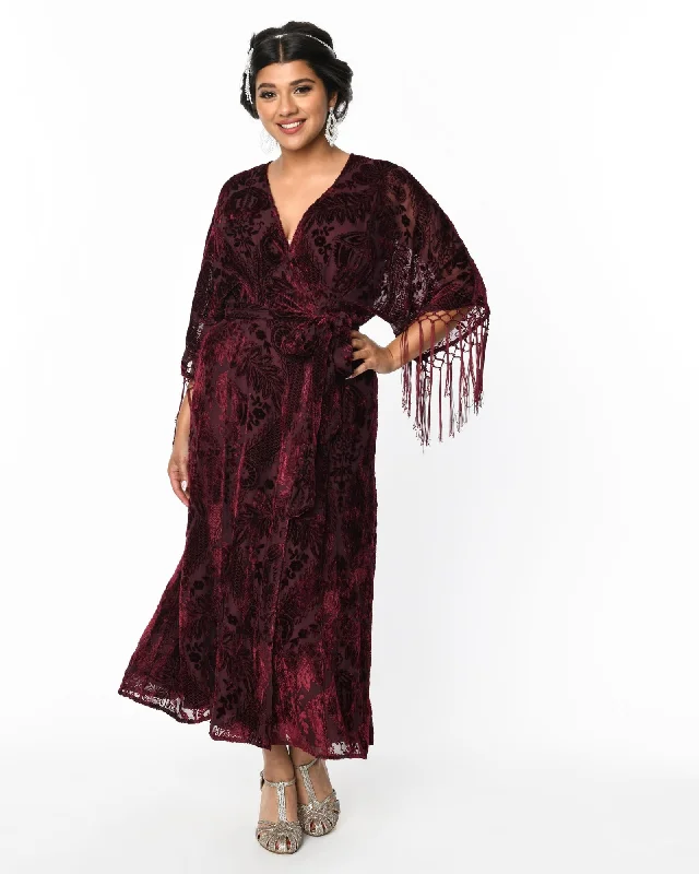 Ladies midi dress taupe -Unique Vintage Burgundy Velvet Floral Burnout Wrap Midi Dress | Burgundy Floral