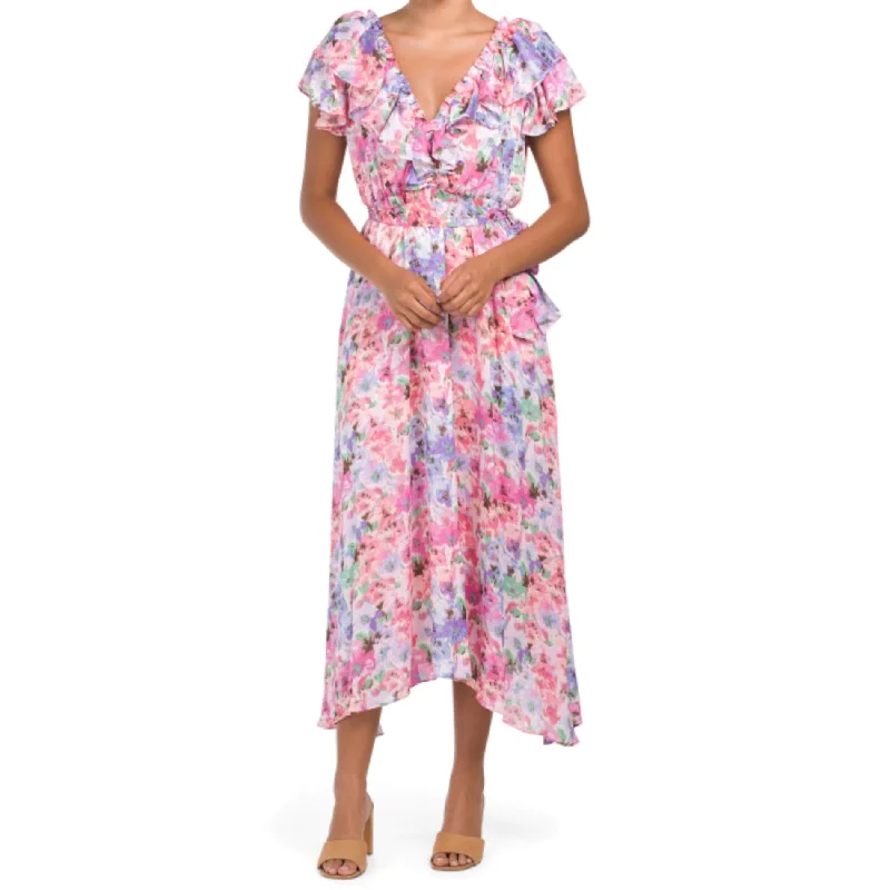 Women's maxi dress cultural -Taylor V-neck Floral Print Flutter Sleeve Hi-Low Hem Maxi Dress