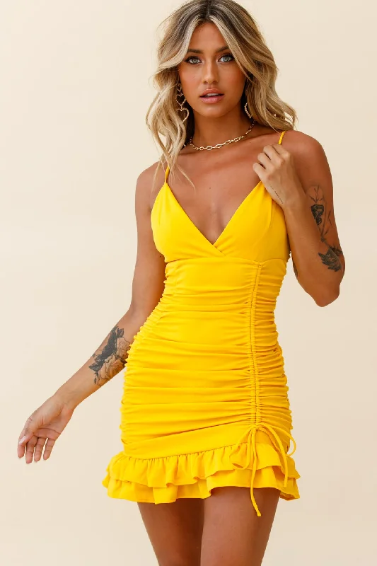 Ladies party dress tunic -Earth Angel Drawstring Feature Ruched Party Dress Yellow