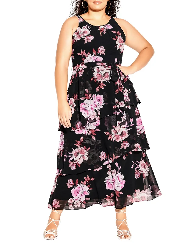 Women's maxi dress windproof -Rosa Floral Party Maxi Dress | Black / Azure Blue