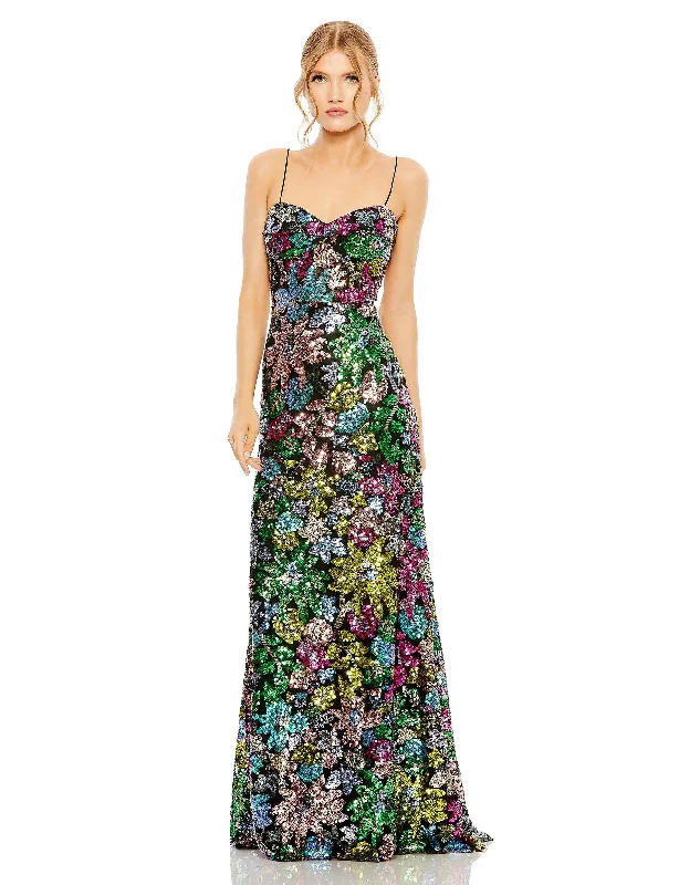 Ladies sleeveless dress smocked -Sweetheart Sleeveless Floral Sequin Gown