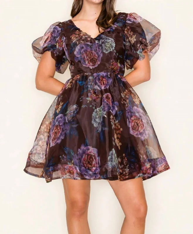 Ladies party dress daring -Floral Party Dress In Brown/purple/sage