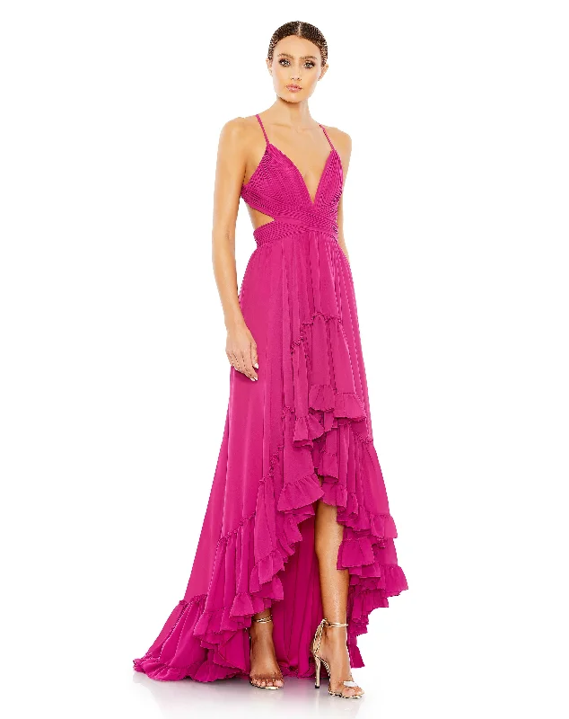 Ladies sleeveless dress subtle style -Pleated Tiered Cut Out Sleeveless Gown