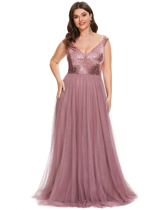 Women's maxi dress pink -Sequin Off the Shoulder Maxi Tulle Evening Dress | Purple Orchid