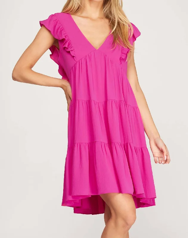 Ladies sleeveless dress picnic -Sleeveless Woven Ruffled Dress In Magenta