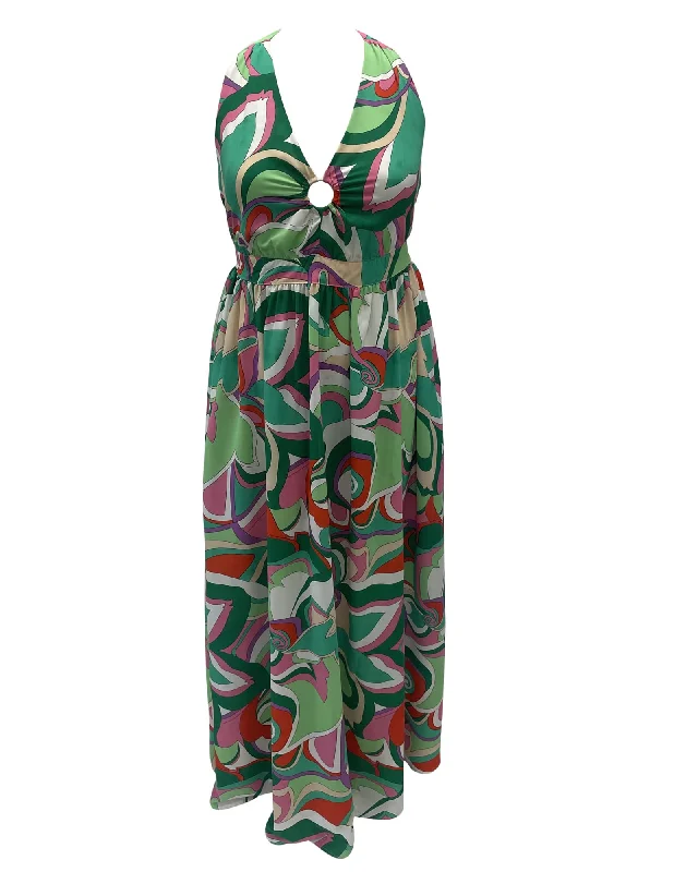 Women's maxi dress brunch -Smak Parlour Green & Pink Psychedelic Floral Halter Maxi Dress | Green