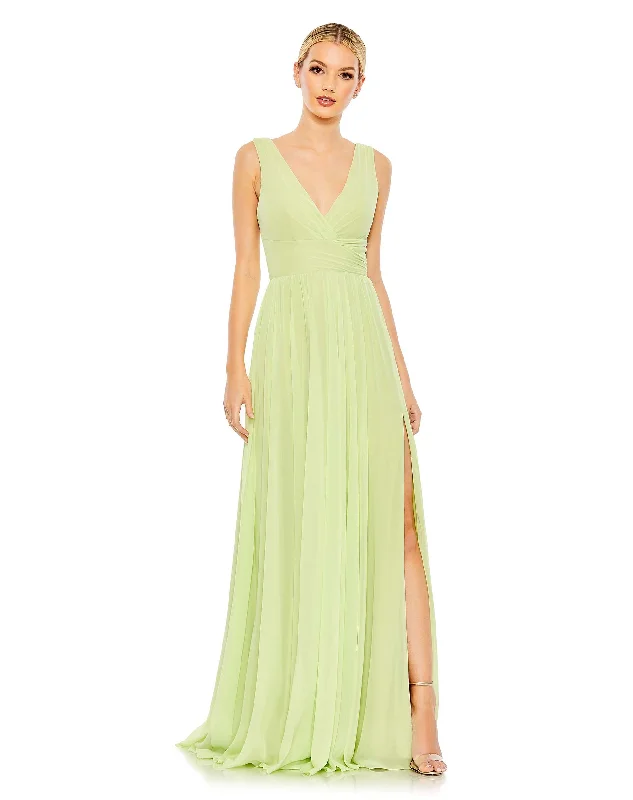 Ladies sleeveless dress knotted -Chiffon Sleeveless Wrap Over A Line Gown