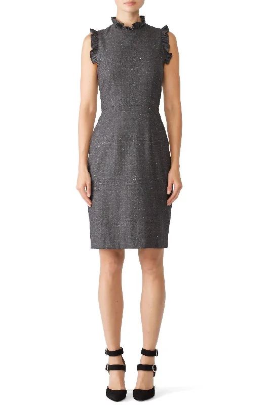 Ladies sleeveless dress round neck -Tweed Ruffle Sleeveless Pencil Dress In Gray