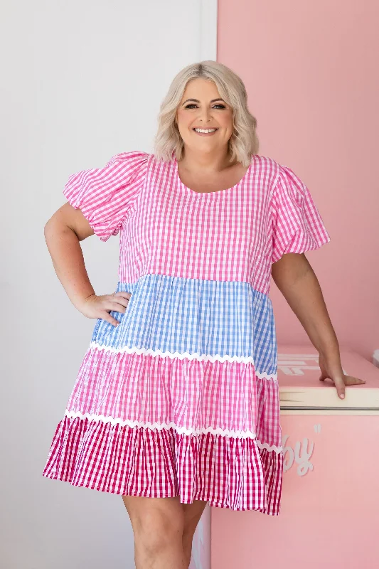 Ladies party dress ivory -Greta Party Dress in Gingham Mix