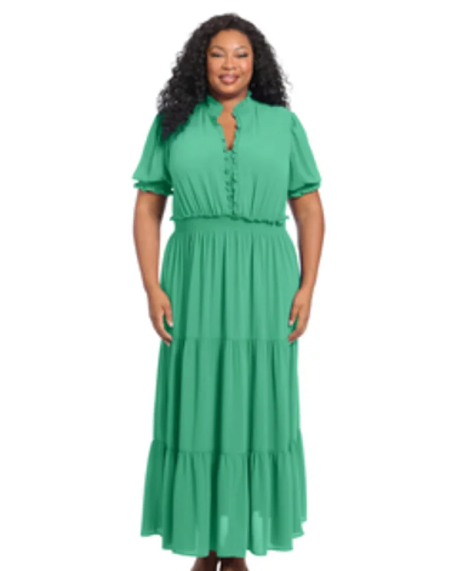 Women's maxi dress loose fit -Maria Puff Sleeve Tiered Maxi Dress | Jewel Green