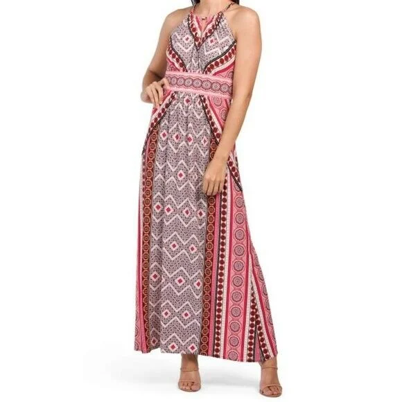 Women's maxi dress romantic -London Times Women's Zig Zag Medallion Printed Keyhole Halter Morris Maxi Dress