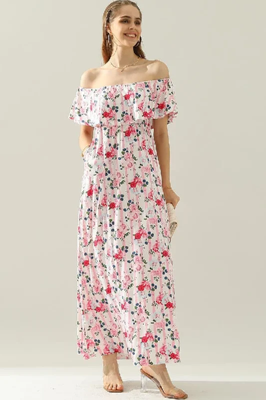 Women's maxi dress cozy -LAYERED OFF THE SHOULDER MAXI DRESS