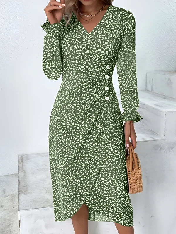 Ladies midi dress awards night -Full Size Printed Surplice Long Sleeve Midi Dress