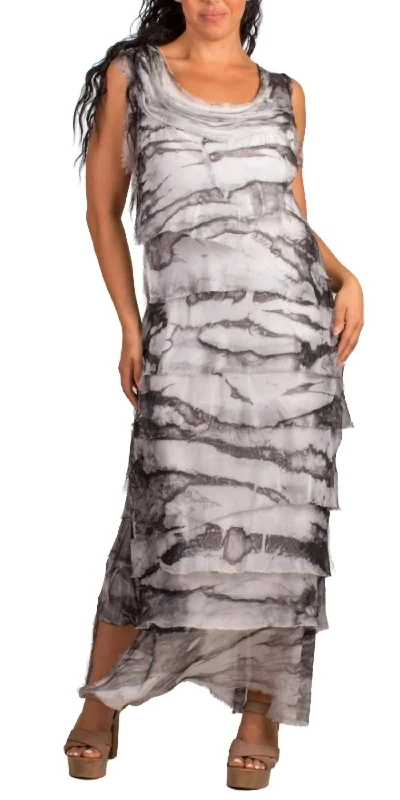 Ladies sleeveless dress night out -Washed Tie Dye Print Sleeveless Silk Ruffle Dress In Charcoal