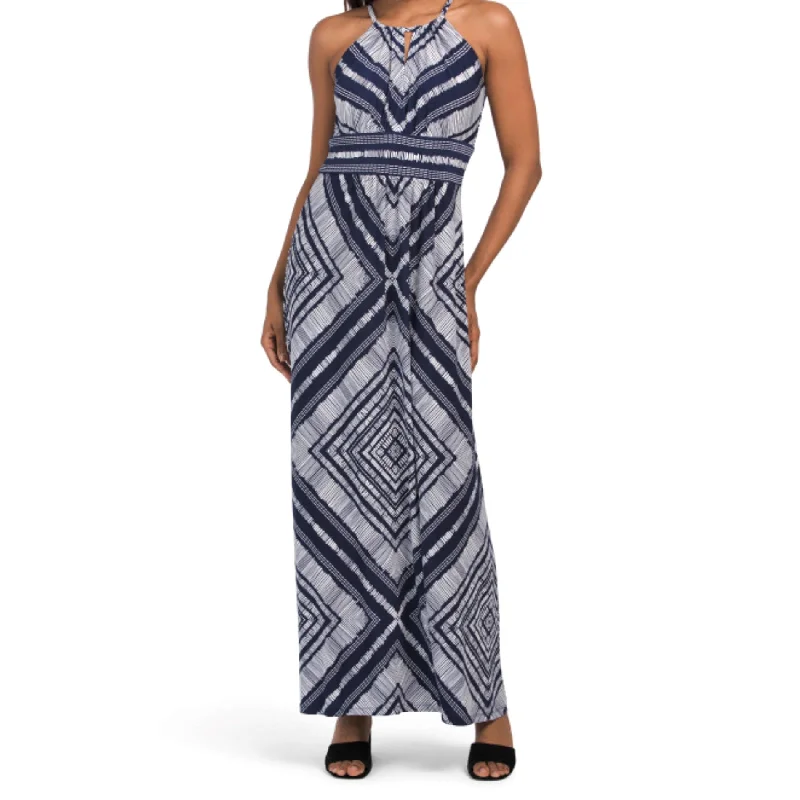 Women's maxi dress lightweight -London Times Women's Morris Diamond Basket Printed Keyhole Halter Maxi Dress