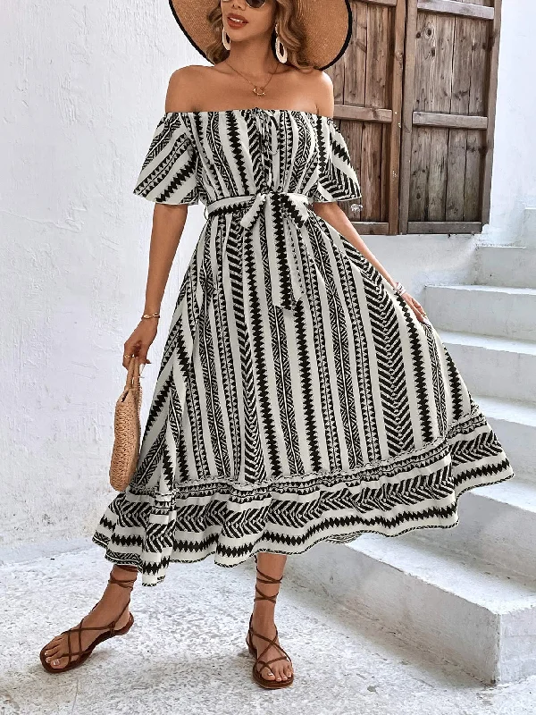 Ladies midi dress relaxed -Printed Off-Shoulder Midi