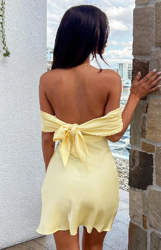 Women's mini dress warm -Primrose Yellow Satin Off the Shoulder Mini Dress