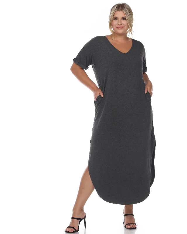 Women's maxi dress asymmetrical -Short Sleeve V-neck Maxi Dress | Charcoal