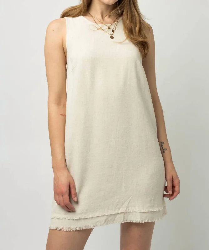 Ladies sleeveless dress timeless -The Virginia Double Frayed Sleeveless Linen Shift Dress In Oatmeal