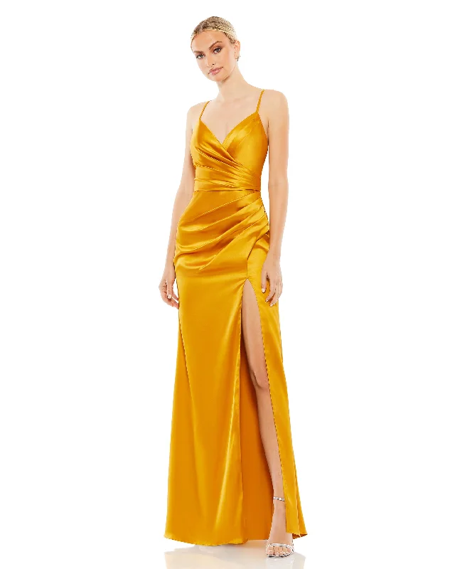 Ladies sleeveless dress draped -Satin Sleeveless Faux Wrap Ruched Gown