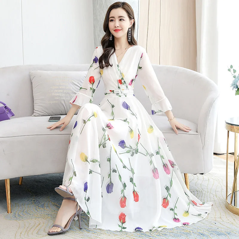 Women's maxi dress vintage -Short Sleeve Maxi Dress Fashion Bodycon  White Print Runway Long Party Dresses