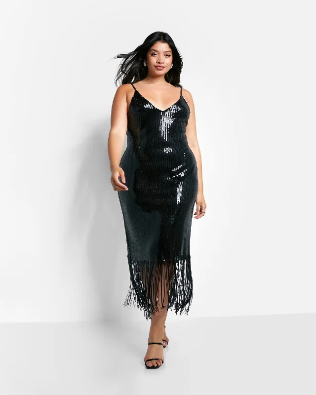 Ladies midi dress festive -Chiara Sequin Fringe Midi Slip Dress | Black