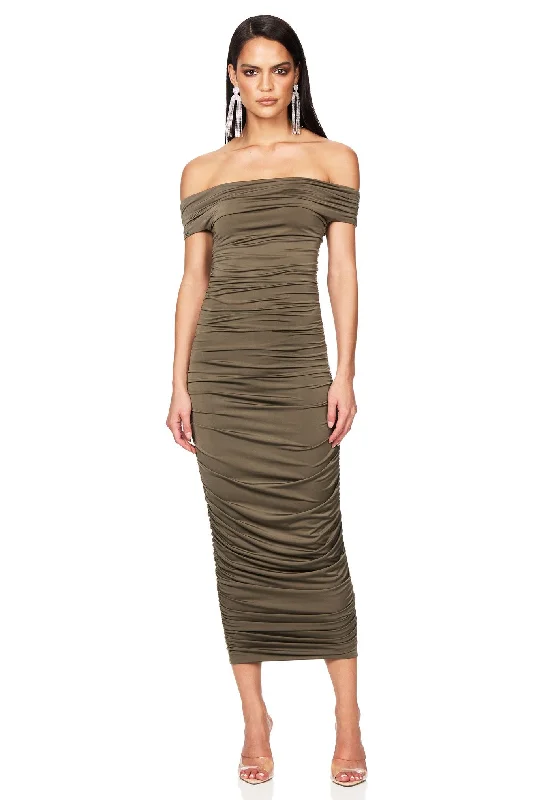 Ladies midi dress mock neck -Nookie Element Midi Dress - Khaki