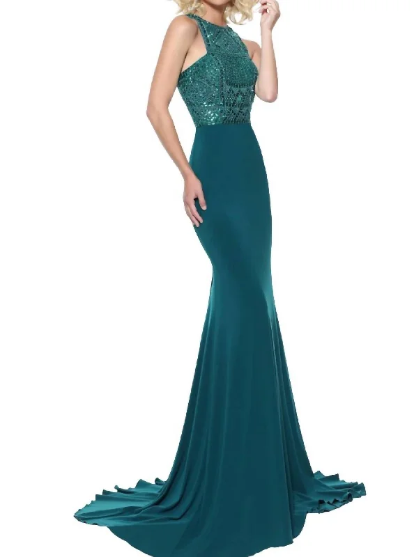 Ladies sleeveless dress mock neck -Jersey Sleeveless Prom Dress In Emerald