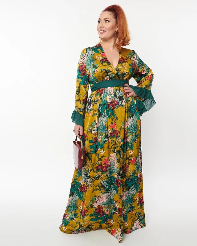 Women's maxi dress geometric -Unique Vintage Yellow & Teal Floral Print Maxi Dress | Yellow