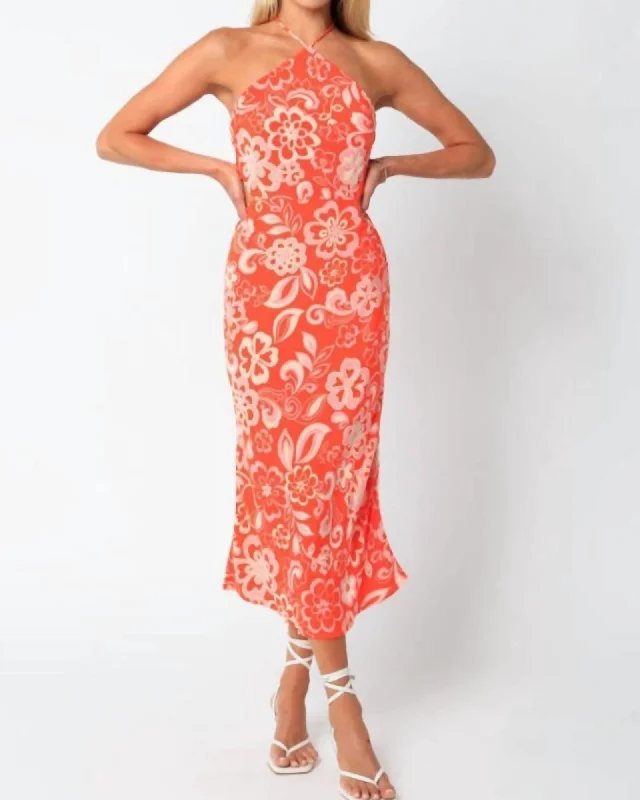 Ladies midi dress green -Amara Halter Cutout Midi Dress In Orange Print | Orange Print