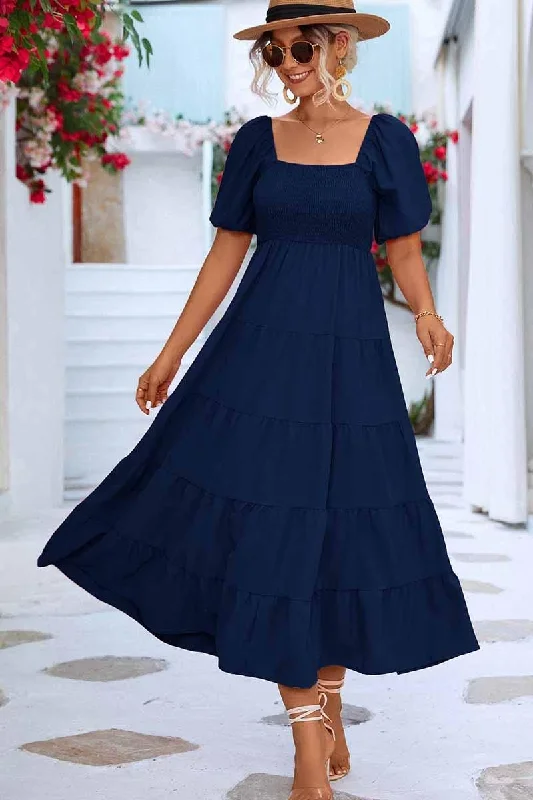 Women's maxi dress brunch -SQUARE NECK PUFF WRINKLE CHEST CAKE MAXI DRESS