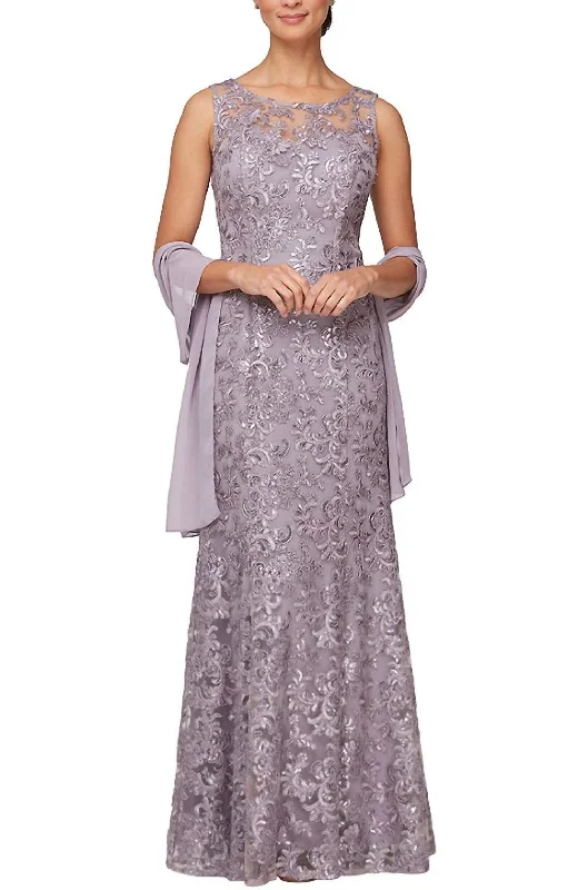 Ladies sleeveless dress orange -Sleeveless Illusion Neck Embroidered Gown In Lavender