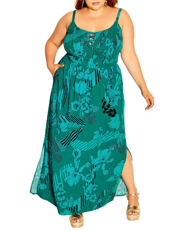 Women's maxi dress red carpet -Amora Smocked Side Slit Maxi Dress | Kelly Green / Black