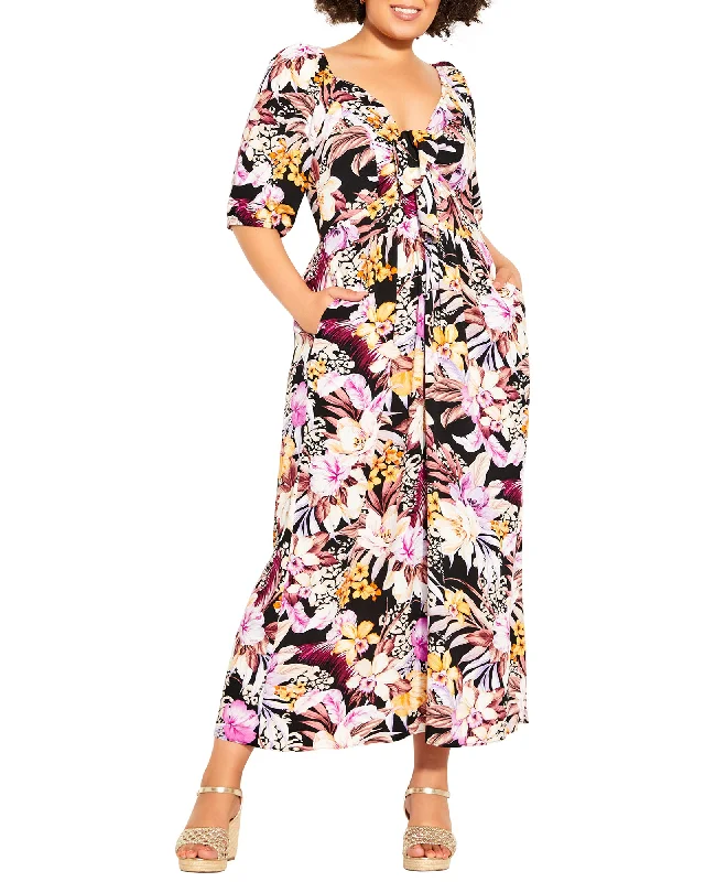 Women's maxi dress gala -Mae Tropical Floral Print Maxi Dress | Black / Ivory