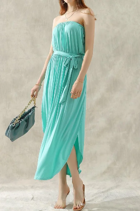 Women's maxi dress flowy -OFF SHOULDER TUBE TOP MAXI DRESS WITH WAIST STRAP