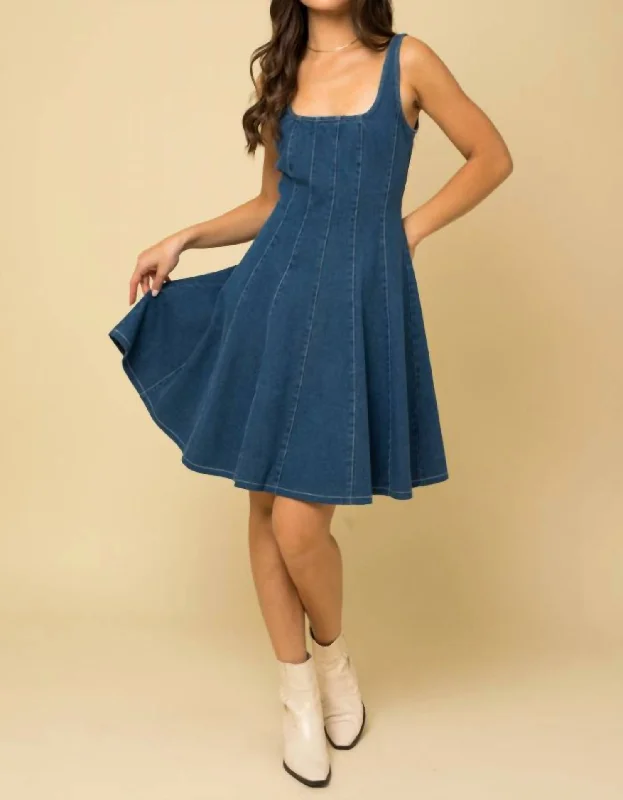 Ladies sleeveless dress festival night -Sleeveless Square Neck Corset Dress In Denim