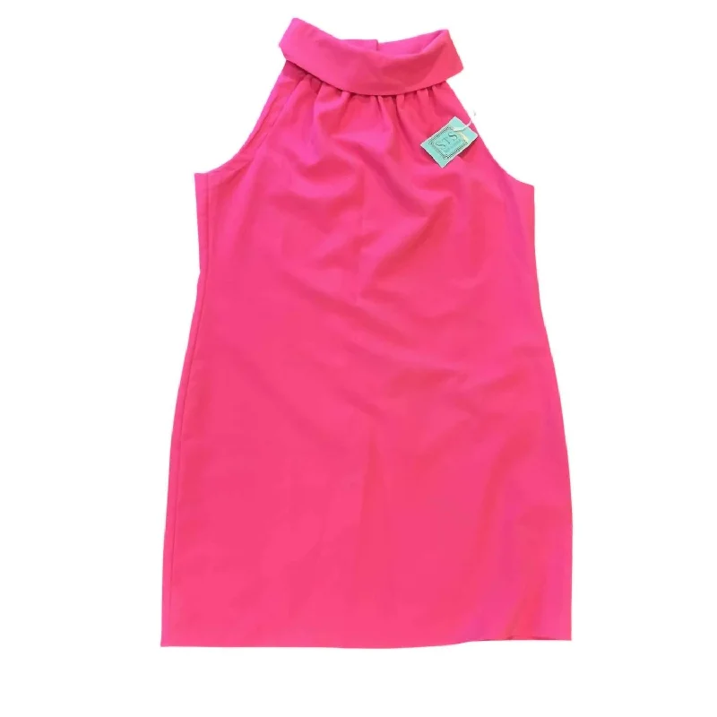 Ladies sleeveless dress square neck -Women's Sleeveless High Neck Button Back Dress In Hot Pink