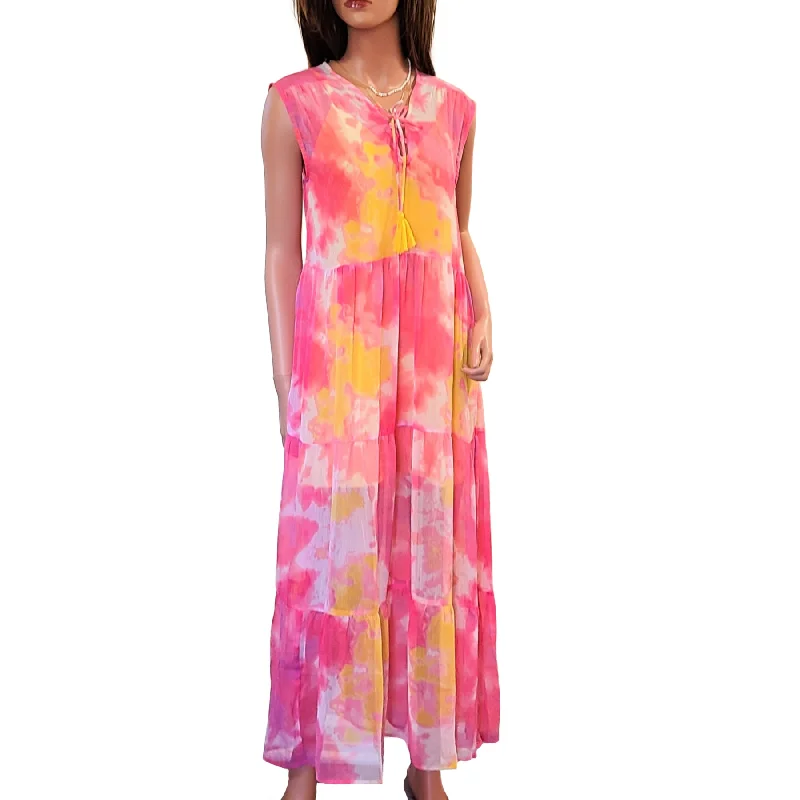 Women's maxi dress indie -AMERICA & BEYOND Tie Dye Lined Tiered Cover-up Maxi Dress