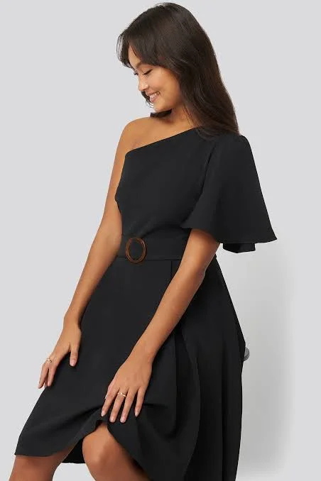 Ladies midi dress winter -One Shoulder Belted Midi Dress