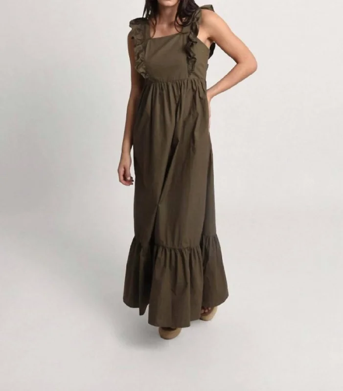 Ladies sleeveless dress marble -Ruffled Sleeveless Long Dress In Khaki